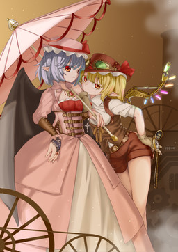 alternative_fashion armwear black_wings blonde_hair blue_hair bottomwear breasts bridal_gauntlets brown_bottomwear brown_clothing brown_hat brown_headwear brown_shorts clock clothing dress duo eyewear female goggles goggles_on_headwear hair handwear hat headgear headwear holding_object holding_pocketwatch holding_umbrella humanoid_pointy_ears jewelry leaning_on_another mechanical_wings necklace pink_clothing pink_dress pink_hat pink_headwear pocketwatch pointy_ears red_eyes shirt shorts small_breasts smile steampunk tan_clothing tan_gloves tan_handwear topwear umbrella watch white_clothing white_shirt white_topwear wings yazato_ichimushi touhou flandre_scarlet koishi_komeiji remilia_scarlet humanoid vampire winged_humanoid absurd_res hi_res sibling_(lore) sister_(lore) sisters_(lore)