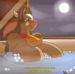 anthro areola bath bathing bell big_breasts breasts brown_eyes brown_hair ear_piercing female hair horn huge_breasts moon night nude piercing sky solo text water conditional_dnp zp92 bessie_(zp92) beef_cattle bovid bovine cattle hereford_cattle mammal 2016 digital_media_(artwork) english_text hi_res