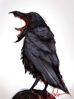 ambiguous_gender beak black_beak black_body black_feathers bodily_fluids creepy feathers feet feral looking_at_viewer nightmare_fuel open_mouth saliva saliva_on_tongue saliva_string scary sharp_teeth simple_background solo talons teeth toes tongue toothed_beak white_background yellow_sclera hylran avian bird corvid corvus_(genus) crow monster oscine passerine 2024 3:4 absurd_res digital_drawing_(artwork) digital_media_(artwork) hi_res watermark