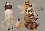 6_limbs ambiguous_gender antennae_(anatomy) anthro beehive beekeeper big_hat black_eyes brown_body carrying_another clothing compound_eyes duo fluffy fluffy_tail gloves grey_background handwear hooves insect_wings lifting_another simple_background size_difference stinger stinger_tail tail white_body white_clothing white_gloves white_handwear wings yellow_body crazysodomite arthropod arthropod_taur bee hymenopteran insect insect_taur taur 2024 digital_media_(artwork) digital_painting_(artwork) hi_res painting_(artwork) rebelle_(artwork)