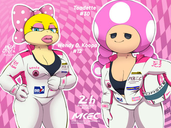 accessory anthro beady_eyes black_clothing black_eyes black_topwear blue_eyes bodysuit bow_ribbon breasts checkered checkered_background cleavage clothed clothing duo eyelashes eyeshadow female front_view hair hair_accessory hair_bow hair_ribbon head_bow holding_object lips lipstick looking_at_viewer makeup mushroom_cap pattern_background pink_background pink_bow pink_eyeshadow pink_hair pink_lipstick pseudo_hair racing_helmet racing_suit ribbons scales simple_background skinsuit smile tan_body tan_scales text thick_lips thick_thighs tight_clothing topwear twintails_(hairstyle) white_bodysuit white_clothing white_skinsuit wide_hips yellow_body yellow_scales sanygtr mario_bros nintendo koopaling toadette wendy_o._koopa dragon_koopa humanoid koopa pink_toad scalie toad_(mario) 4:3 hi_res