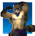 5_fingers anthro armpit_hair blind body_hair bottomwear brown_pubes clothed clothing disability facial_scar fingers happy_trail humanoid_hands male muscular muscular_anthro muscular_male pants pubes scar shirtless solo x_scar lalonjuas epic_games fortnite hajime_(fortnite) canid canine mammal raccoon_dog tanuki 2025 absurd_res colored hi_res