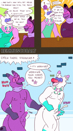 anthro blush bodily_fluids cum dungeon duo ejaculation embarrassed exposed foreskin genital_fluids genitals humiliation male male/male nipples nude penis public public_nudity running remmus_cobalt decoy panazel_maria absurd_res comic hi_res