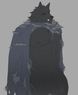 abs anthro balls big_penis black_body black_fur black_sclera blush cape clothing fangs flaccid fur genitals male muscular muscular_male pecs penis purple_eyes solo teeth vein veiny_penis ryandidindoome elden_ring fromsoftware blaidd_(elden_ring) canid canine canis mammal wolf hi_res