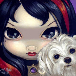 alternative_fashion ambiguous_gender black_eyes black_hair choker domestic_pet duo eyebrows eyelashes female feral fur goth hair highlights_(coloring) jewelry lips long_hair looking_at_viewer makeup markings mole_(marking) mole_under_eye necklace purple_background red_hair red_lips simple_background white_body white_fur jasmine_becket-griffith canid canine canis domestic_dog human mammal 2010 dated formal_art low_res painting_(artwork) traditional_media_(artwork) traditional_painting_(artwork)
