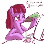 2011 alcohol berry_punch_(mlp) beverage blush cigarette drinking drunk english_text equine female friendship_is_magic horse mammal my_little_pony plain_background pony shaded snus-kun solo text white_background wine
Rating: Safe
Score: 2
User: Jatix
Date: March 10, 2014