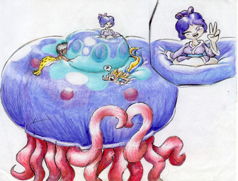 belly big_belly blue_body blue_hair breasts female group hair huge_belly larger_female overweight simple_background size_difference split_form trio white_background shar0makai aquatic cnidarian jellyfish medusozoan merfolk 2019 hi_res traditional_media_(artwork)