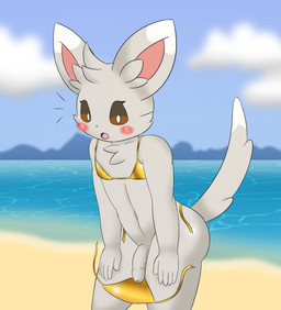 anthro beach blush brown_eyes butt cheek_tuft clothed clothing cloud crossdressing crossdressing_male dipstick_ears dipstick_tail ear_markings emanata facial_tuft femboy flaccid fluffy fluffy_chest foreskin fur genitals gold_swimwear grey_body grey_fur hands_on_legs head_tuft humanoid_genitalia humanoid_penis inner_ear_fluff male markings multicolored_ears outside penis penis_base solo tail tail_markings thick_thighs tuft unretracted_foreskin wardrobe_malfunction white_body white_fur kamek_sans golden_week nintendo pokemon innes_(kamek_sans) generation_5_pokemon minccino pokemon_(species) hi_res