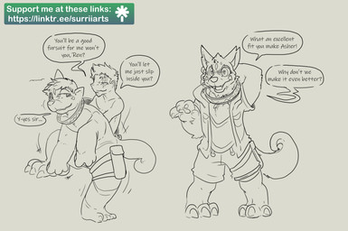 andromorph anthro clothing collar costume dialogue eye_scar facial_hair facial_markings facial_scar fursuit fursuit_transformation goatee head_markings holy_ring human_to_fursuit intersex male markings mid_transformation pawpads paws ren_zel scar tail text transformation transformation_sequence wristband surrii bandai_namco digimon asher_(razim) ra'zim digimon_(species) human labramon mammal 2026 absurd_res comic english_text hi_res