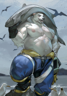 body_hair boots bottomwear clothing eyebrows fangs footwear fur happy_trail looking_at_viewer male nipples outside pants pubes shirt shoes solo tank_top teeth topwear white_body white_fur wball ambient_bird aquatic avian bear bird fish gull lari larid mammal absurd_res hi_res