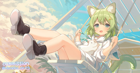 blush boots clothing cloud duo female feral footwear green_hair hair hoodie open_mouth shoes sky swing tail topwear young young_female young_humanoid cloneko_(zelmeledf2) animal_humanoid cat_humanoid domestic_cat felid felid_humanoid feline feline_humanoid felis humanoid mammal mammal_humanoid 2025 hi_res
