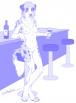 4_toes 5_fingers alcohol anthro bar bar_stool beverage blue_and_white breasts canid canine claws cork ellise feet female fingers furniture genitals hi_res holding_glass holding_object looking_at_viewer lord_magicpants mammal monochrome navel nipples nude paws plump_labia pussy solo stool toes wine