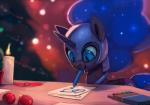 ambiguous_gender armor blue_eyes candle crayon cutie_mark feral headgear helmet horn paper smile solo rodrigues404 friendship_is_magic hasbro my_little_pony nightmare_moon_(mlp) equid mammal 2017