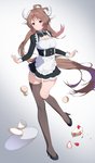 apron bottomwear breasts brown_hair cake clothed clothing dessert female food footwear fully_clothed hair high_heels looking_at_viewer maid_uniform red_eyes shoes simple_background skirt smile solo uniform bluerabbit_gap arknights hypergryph studio_montagne eyjafjalla_(arknights) animal_humanoid bovid bovid_humanoid caprine caprine_humanoid goat_humanoid humanoid mammal mammal_humanoid 2020 hi_res