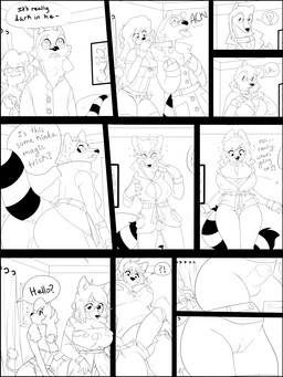 alternate_species anthro big_breasts breast_growth breasts butt butt_expansion cleavage clothed clothing collar dialogue duo erection expansion eyewear female gender_transformation genitals genitals_shrinking glasses growth interrobang male penile_reduction penis penis_shrinking text torn_clothing transformation vulva stilettopink coonix canid canine canis dasyurid dasyuromorph domestic_dog gulonine hybrid mammal marsupial marten mustelid musteline otter poodle procyonid quoll raccoon yellow-throated_marten 3:4 black_and_white comic english_text hi_res monochrome