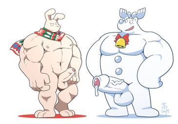 anthro balls bell big_balls big_penis bodily_fluids camp cum cum_on_penis duo erection genital_fluids genitals huge_balls huge_penis male male/male muscular muscular_male nude penis scarf takataka white_santa_(takataka) deer hybrid lagomorph leporid mammal rabbit