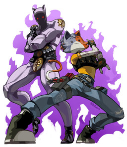 :3 anthro arm_markings belt black_clothing black_eyes black_footwear blue_body blue_fur bottomwear bulletproof_vest clothing colored_fire denim denim_bottomwear denim_clothing duo female fingerless_gloves fire fire_background footwear foreshortening fur gloves glowing glowing_eyes hair hammer handwear jeans jojo_pose leather leather_clothing male markings muscular muscular_male obscured_face orange_body orange_fur pants pink_body pointy_ears ponytail purple_fire red_eyes sandals shirt shoes short_sleeves simple_background simple_face studs tail tools topwear torn_bottomwear torn_clothing torn_jeans torn_pants tricolor_fur white_background white_body white_fur yellow_clothing yellow_shirt yellow_topwear mr_plagu3 diamond_is_unbreakable epic_games fortnite jojo's_bizarre_adventure cate_meowdy killer_queen_(jjba) calico_cat domestic_cat felid feline felis mammal crossover hi_res signature