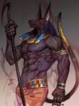 abs abstract_background anthro armband athletic biceps big_ears big_muscles biped black_body black_fur clothed clothing collar egyptian egyptian_clothing egyptian_headdress fangs fur gem headdress headgear headwear male muscular muscular_anthro muscular_male nemes_(clothing) nipples pecs pose shendyt simple_background small_eyes solo standing stick teeth topless vein was_scepter furymanura egyptian_mythology middle_eastern_mythology mythology anubis anubian_jackal canid canine canis deity jackal mammal detailed half-length_portrait hi_res portrait