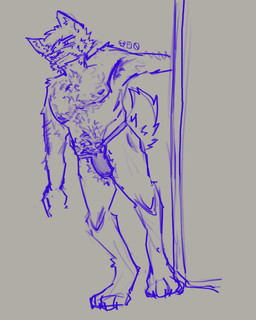 anthro arm_hair armpit_hair beard belly_hair body_hair chest_fur chest_hair chest_tuft clothing facial_hair facial_tuft feet fur hindpaw hip_dips leaning male masculine muscular muscular_anthro muscular_male nipples paws pecs pubes simple_background solo standing tail toned_body tuft deathcokezero canid canine mammal absurd_res digital_media_(artwork) hi_res procreate_(artwork) sketch unfinished watermark