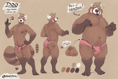 anthro brown_body brown_fur brown_hair brown_nipples bulge butt clothing feet fur fur_markings hair looking_at_viewer male markings nipples overweight overweight_anthro overweight_male pink_clothing pink_underwear simple_background tan_hair text tongue tongue_out underwear white_body white_fur minedoo ailurid bear mammal red_panda 2020 english_text model_sheet
