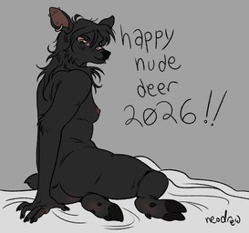 anthro black_body black_fur female fur holidays looking_back nude pose solo text chewteeth happy_nude_deer new_year new_year_2026 deer mammal english_text pinup