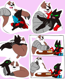 1_eye anthro black_body black_fur blush bodily_fluids cape clothing cuddling cybernetics digitigrade disability duo eating eye_patch eyewear food fur green_eyes hug kissing machine male male/male overweight overweight_male pancake prosthetic prosthetic_arm prosthetic_limb red_clothing saliva scar sleeping fleshysack cartoon_network mao_mao:_heroes_of_pure_heart adorabat badgerclops sheriff_mao_mao_mao badger bat cyborg domestic_cat felid feline felis mammal mustelid musteline absurd_res hi_res