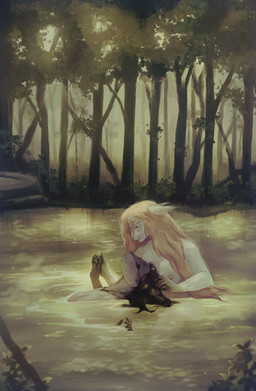 5_fingers anthro areola bathing black_hair black_sclera blonde_hair detailed_background duo eye_contact female female_anthro fingers forest fur grey_body grey_fur hair hand_holding humanoid_hands long_hair looking_at_another nature nature_background nipples nude nude_anthro nude_female outside partially_submerged pivoted_ears plant pond side_view snout tree water white_body white_fur lilibe petra_(lilibe) rosemary_(lilibe) aquatic felid feline leopard_seal mammal pinniped seal hi_res
