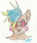 anthro brown_hair ear_piercing eyewear goggles hair looking_at_viewer male multicolored_hair piercing smile solo two_tone_hair leonidasdraconic lapfox_trax emoticon_(renard) domestic_cat felid feline felis mammal bust_portrait hi_res portrait traditional_media_(artwork)