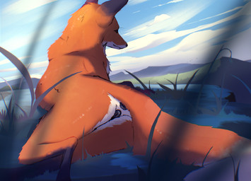anatomically_correct anatomically_correct_genitalia anatomically_correct_vulva animal_genitalia animal_vulva anus black_anus black_vulva canine_genitalia canine_vulva cloud female feral fur fur_tuft genitals grass long_tail looking_away lying mountain_range orange_body orange_fur outside plant rear_view sky solo tail tuft vulva whiskers white_body white_fur barn-owl_(artist) canid canine fox mammal red_fox true_fox absurd_res chromatic_aberration digital_media_(artwork) digital_painting_(artwork) hi_res painting_(artwork) shaded