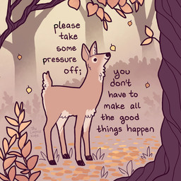 ambiguous_feral ambiguous_gender atmospheric_perspective autumn autumn_leaves brown_body comfort detailed_background fallen_leaves feral hooves leaf leaves_on_ground motivational_art motivational_poster plant positive_message scut_tail short_tail smile solo standing tail tan_body text tree the_latest_kate deer mammal 1:1 2022 english_text