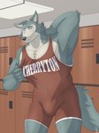 anthro big_muscles bulge claws clothing eyebrows fur hand_behind_back inside locker locker_room looking_at_viewer male muscular muscular_anthro muscular_male solo sportswear standing text text_on_clothing tuft wrestling_singlet donttouchmylasagna beastars legoshi_(beastars) canid canine canis mammal wolf 2023 3:4 english_text hi_res