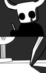 2_horns 2_panel_comic ambiguous_gender black_body black_eyes holding_object holding_pen horn paper pen shadow solo white_head skeletorskeletonized hollow_knight team_cherry the_knight_(hollow_knight) vessel_(species) 2020 5:8 comic digital_media_(artwork) first_page hi_res monochrome nonbinary_(lore)