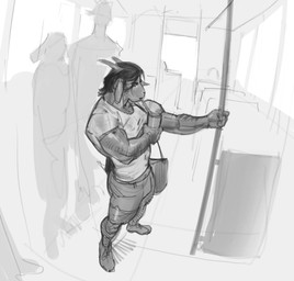 anthro beverage bus clothed clothing commercial_vehicle crowd group holding_beverage holding_object male muscular muscular_anthro muscular_male size_difference smaller_male solo standing toned_body vehicle waiting purplebirdman william_(falcon_mccooper) bovid caprine goat mammal 2026 colored colored_sketch detailed digital_drawing_(artwork) digital_media_(artwork) hi_res monochrome portrait shaded sketch