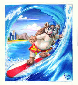 anthro beach belly big_belly blue_clothing blue_eyes blue_hat blue_headwear blue_sky bottomwear brown_hair building clothed clothing cloud day detailed_background fur gloves_(marking) hair hat headgear headwear leg_markings logo long_hair male markings open_mouth open_smile outside overweight overweight_anthro overweight_male pattern_bottomwear pattern_clothing pattern_swimming_trunks pattern_swimwear pink_nose red_clothing red_swimming_trunks red_swimwear sky smile socks_(marking) solo standing surfing swimming_trunks swimwear tan_body tan_fur topless water wave pandapaco mammal porcupine rodent artist_logo hi_res signature