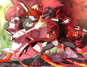 anthro battle bayonet black_body blue_eyes clothing cosplay costume cross dark_sclera devious_grin duo gloves hair handwear knife male red_hair sharp_teeth teeth weapon white_body white_clothing white_gloves white_handwear wings iefcuadricula hellsing_ultimate nintendo pokemon geno_za_warudo generation_5_pokemon legendary_pokemon pokemon_(species) victini zoroark hi_res