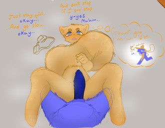 anthro assertive_female big_penis blue_body blue_eyes blue_fur blush bodily_fluids cum cum_on_hand dialogue duo eyewear female fluffy fluffy_tail fur genital_fluids genitals gentle_femdom goggles male male/female nervous penis penis_on_belly precum scent_marking shy tail thought_bubble throbbing throbbing_penis yellow_body yellow_fur unanimous_enigma lagomorph leporid mammal rabbit rodent sciurid tree_squirrel hi_res