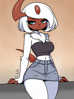 anthro bottomwear claws clothing female fur horn skirt solo standing tail white_body white_fur t-kila nintendo pokemon absol generation_3_pokemon pokemon_(species) 3:4 absurd_res hi_res