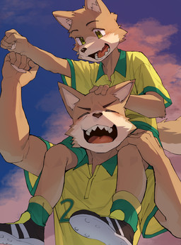 anthro blush blush_lines carrying_another clothed clothing duo eyes_closed fluffy fluffy_tail fur kemono male mascot multicolored_body multicolored_fur outside piggyback pointy_ears soccer_uniform sportswear tail tan_body tan_fur two_tone_body two_tone_fur uniform young young_anthro young_male nt_kichi8642 jef_united_chiba jeffy_(jef_united_chiba) unity_(jef_united_chiba) akita canid canine canis domestic_dog mammal spitz absurd_res hi_res brother_(lore) brothers_(lore) sibling_(lore)