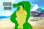 abs anthro balls beach collar collar_only electronics exhibitionism flaccid flashing foreskin genitals headphones male muscular muscular_anthro muscular_male nipples non-mammal_balls non-mammal_nipples nude penis pronounced_browridge seaside solo speech_bubble text meteorsmash sega sonic_the_hedgehog_(series) vector_the_crocodile crocodile crocodilian reptile scalie absurd_res english_text hi_res