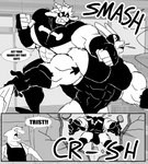 abs absurd_res anthro armpit_hair big_bulge big_muscles big_pecs body_hair bovid breasts bulge caprine clothing comic english_text female fight fish gabriel_(parttimeyeen) goat group hi_res horn huge_bulge huge_muscles huge_pecs huge_thighs hyper hyper_muscles lagomorph larger_male leporid lips long_ears male mammal marine mask monochrome muscular muscular_anthro muscular_arms muscular_legs muscular_male muscular_thighs parttimeyeen_(artist) pecs punch rabbit shark sharp_teeth shirt size_difference smaller_female suit teeth text thick_bottom_lip thick_thighs tight_clothing topwear trio tristen_(parttimeyeen)
