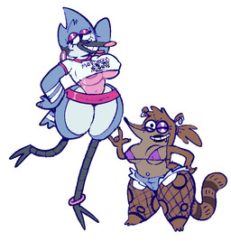 anthro areola areola_slip bimbofication clothed clothing crossgender duo female looking_at_viewer looking_away nipple_outline pose skimpy frazzarazzle cartoon_network regular_show mordecai_(regular_show) rigby_(regular_show) avian bird blue_jay corvid jay_(bird) mammal new_world_jay oscine passerine procyonid raccoon