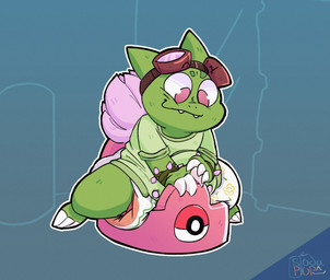 ambiguous_gender anthro blue_background claws clean_diaper clothed clothing diaper eyewear eyewear_on_head fangs flower goggles goggles_on_head green_body green_onesie head_markings logo looking_down markings onesie pink_flower plant potty simple_background sitting smile snapsuit solo teeth training_potty vines wearing_diaper carbonatedsodapop nintendo pokemon shochu_(gao) bulbasaur generation_1_pokemon pokemon_(species) artist_logo full-length_portrait portrait signature