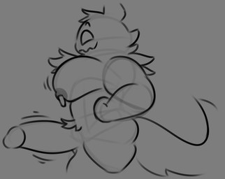 anthro balls big_balls big_muscles big_pecs big_penis erection fluffy fluffy_chest fluffy_tail genitals horn humanoid_genitalia humanoid_penis long_tail lying male muscular nipple_piercing nipples on_side pecs penis piercing presenting presenting_penis pseudo_hair solo tail zigzag_mouth henrique_rick drik_(henrique_rick) imp hi_res monochrome sketch