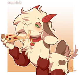 ambiguous_gender anthro clothing collar eating food hair hair_over_eye legwear male pizza solo stockings tail tail_motion tailwag zarckets bovid caprine goat mammal