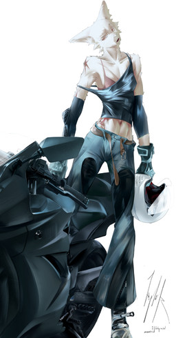 anthro bottomwear breasts cleavage clothed clothing crop_top female fur looking_at_viewer motorcycle open_mouth shirt simple_background slim smile solo standing text topwear vehicle wardrobe_malfunction white_background c4nis_major domestic_cat felid feline felis mammal absurd_res hi_res