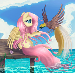 blue_eyes butt cloud cutie_mark duo feathered_wings feathers female feral flower fur hair long_hair outside pink_hair plant sitting sky water wind wings yellow_body yellow_feathers yellow_fur pridark friendship_is_magic hasbro my_little_pony mythology fluttershy_(mlp) avian bird equid equine mammal mythological_creature mythological_equine pegasus absurd_res hi_res