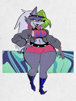 5_fingers anthro big_breasts black_nose boots bottomwear breasts clothed clothing collar curvy_figure ear_piercing eyewear eyewear_on_head female fingers footwear fur green_hair grey_body grey_fur hair half-closed_eyes hand_on_hip hotpants jacket long_hair looking_at_viewer midriff multicolored_hair narrowed_eyes piercing shoes shorts small_waist solo spiked_collar spikes sunglasses sunglasses_on_head thick_thighs topwear two_tone_hair voluptuous voluptuous_anthro voluptuous_female white_hair wide_hips yellow_eyes wolftangart five_nights_at_freddy's five_nights_at_freddy's:_security_breach scottgames steel_wool_studios roxanne_wolf canid canine canis mammal wolf 2022 3:4 full-length_portrait hi_res portrait