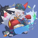 anthro brush bucket clothing container fur male markings overalls paint paintbrush painter pink_eyes red_markings slightly_chubby solo stained_clothing tail white_body white_fur bbb41914331 nintendo pokemon generation_3_pokemon pokemon_(species) zangoose 1:1 hi_res