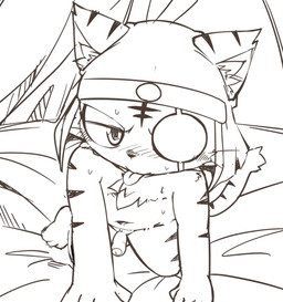 all_fours anthro balls bent_legs cheeky erection eye_patch eyewear fingers genitals half-closed_eyes headdress headdress_only headgear headgear_only looking_at_viewer male narrowed_eyes penis tail young young_anthro young_male suimatsu bemani konami pop'n_music kagetora_(pop'n_music) felid mammal pantherine tiger 2016 japanese_description monochrome