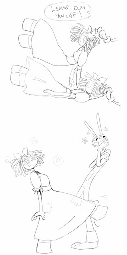 anthro barefoot button_(fastener) clenched_teeth clothed clothing dizzy doll dress duo eyebrows eyelashes feet female frown gloves hair handwear long_ears male motion_lines noseless overalls rag_doll_(toy) short_hair speech_bubble spiral spiral_eyes teeth teeth_showing text wide_eyed gen-toon glitch_productions the_amazing_digital_circus jax_(tadc) ragatha_(tadc) animate_inanimate lagomorph leporid living_doll living_toy mammal rabbit 1:2 english_text hi_res monochrome
